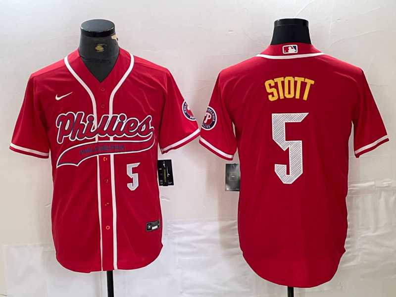 Men%27s Philadelphia Phillies #5 Bryson Stott Number Red Cool Base Stitched Baseball Jersey